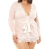 Plus Size Eyelash Lace Robe Set -Coquettes Lingerie Store Eyelash Lace Robe With Satin Sash G String Gowns Robes Oh La La Cheri Nude SEXYSHOES COM