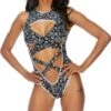 Paisley Bandana Criss Cross Swimwear Bodysuit With Deep Plunge -Coquettes Lingerie Store K2008 BLK F
