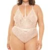 Plus Size Deep V-Plunge Teddy With Attached Lace Choker -Coquettes Lingerie Store Lace Deep Plunge Teddy With Open Back And Harness Collar Detailing Teddies Oh La La Cheri Nude SEXYSHOES COM