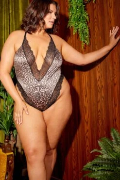 Plus Size Leopard Satin Deep V-Plunge Eyelash Teddy -Coquettes Lingerie Store Leopard Print Satin Teddy With Plunging Neckline And Eyelash Lace Finishes Teddies Oh La La Cheri SEXYSHOES COM 3