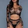 Long Sleeve Floral Net Set -Coquettes Lingerie Store Long Sleeve Floral Net Set Dancewear Sets BeWicked Black SEXYSHOESCOM