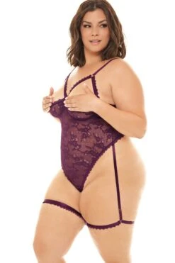 Plus Size Cutout Triangle Top Teddy And Garter Stays -Coquettes Lingerie Store Open Shelf Cup Teddy With Open Gusset And Attached Decorative Garter Stays Teddies Oh La La Cheri SEXYSHOES COM 3